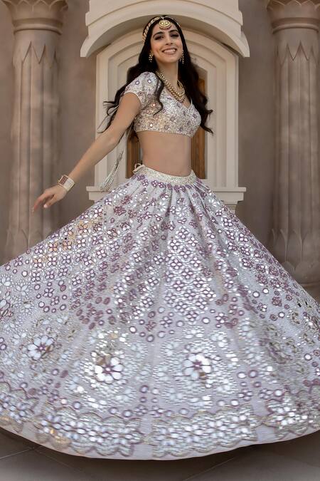 Buy_Abhinav Mishra_Ivory Silk, Organza Sequins, Raw Mirror And Resham Work Bridal Lehenga Set _Online_at_Aza_Fashions
