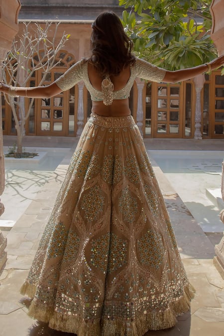 Sky Grey Embroidered Net Lehenga Choli