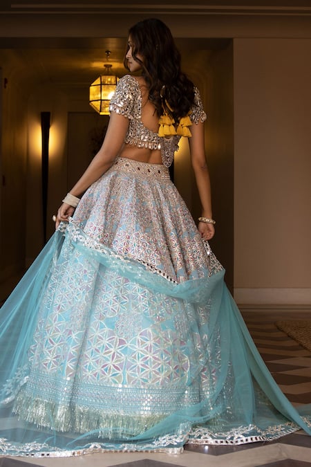Shop_Abhinav Mishra_Blue Chanderi, Net Gota Patti, Mirrors, Zari, Geometric Print Lehenga Set _at_Aza_Fashions