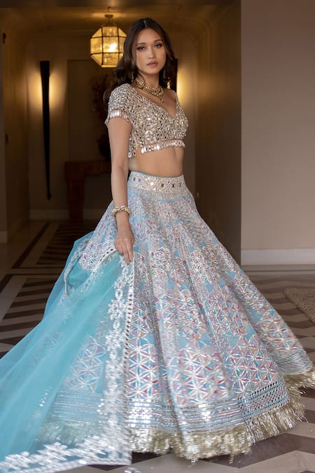 Abhinav Mishra_Blue Chanderi, Net Gota Patti, Mirrors, Zari, Geometric Print Lehenga Set _Online_at_Aza_Fashions