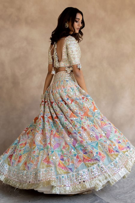 Shop_Abhinav Mishra_Multi Color Chanderi, Net Gota Patti, Embroidered And Geometric Print Lehenga Set _at_Aza_Fashions