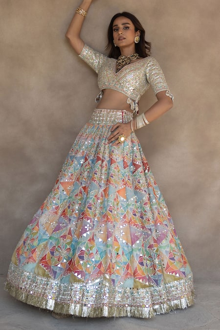 Abhinav Mishra_Multi Color Chanderi, Net Gota Patti, Embroidered And Geometric Print Lehenga Set _Online_at_Aza_Fashions