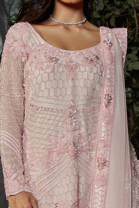 Kashmiraa Pink Organza, Net Crystals Round Neck Embroidered Kurta Sharara Set Online at Aza Fashions Kashmiraa_Pink Organza, Net Crystals Round Neck Embroidered Kurta Sharara Set _Online_at_Aza_Fashions