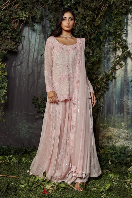 Buy Kashmiraa Pink Organza, Net Crystals Round Neck Embroidered Kurta Sharara Set Online at Aza Fashions Buy_Kashmiraa_Pink Organza, Net Crystals Round Neck Embroidered Kurta Sharara Set _Online_at_Aza_Fashions