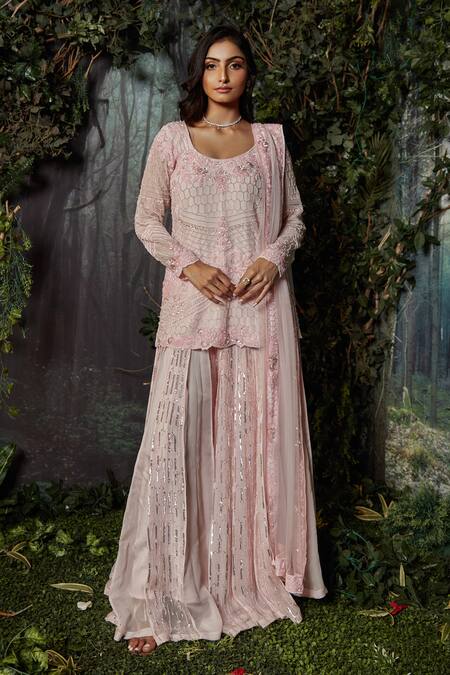 Shop Kashmiraa Pink Organza, Net Crystals Round Neck Embroidered Kurta Sharara Set Online at Aza Fashions Shop_Kashmiraa_Pink Organza, Net Crystals Round Neck Embroidered Kurta Sharara Set _Online_at_Aza_Fashions