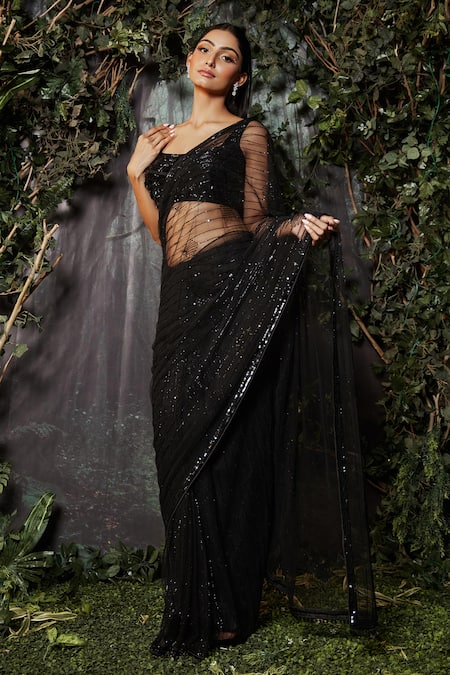 Buy Black Net Hand Embroidered Cutdana Square Neck Saree With Blouse For  Women by Kashmiraa Online at Aza Fashions.