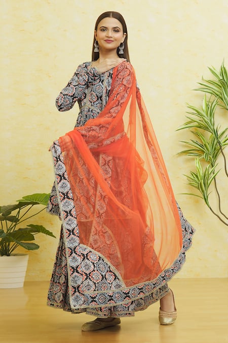 Samyukta Singhania_Black Cotton, Net Lace V-neck Hand Block Print Kurta Sharara Set _at_Aza_Fashions