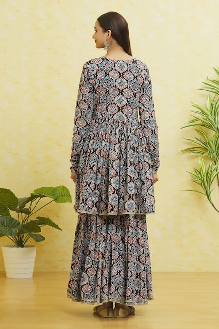 Shop_Samyukta Singhania_Black Cotton, Net Lace V-neck Hand Block Print Kurta Sharara Set _at_Aza_Fashions