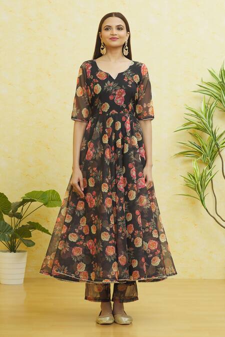Naintara Bajaj_Black Organza Embroidery Split V-neck Floral Print Anarkali Pant Set _Online_at_Aza_Fashions