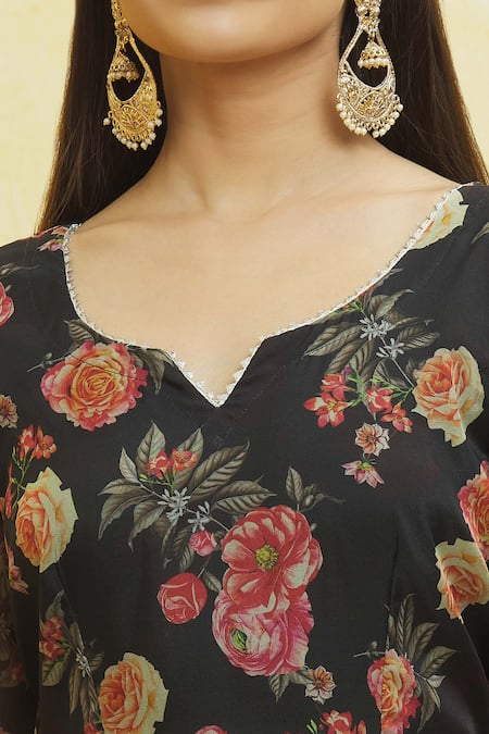 Buy_Naintara Bajaj_Black Organza Embroidery Split V-neck Floral Print Anarkali Pant Set _Online_at_Aza_Fashions