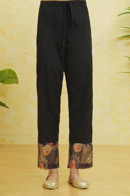 Shop_Naintara Bajaj_Black Organza Embroidery Split V-neck Floral Print Anarkali Pant Set _Online_at_Aza_Fashions