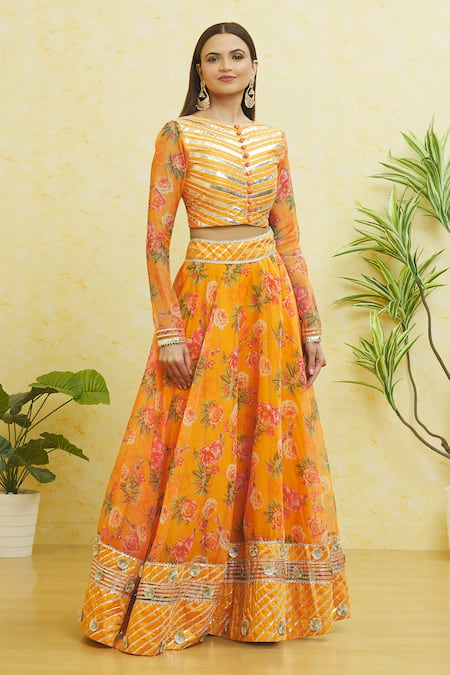 Samyukta Singhania_Yellow Organza Gota Patti Round Neck Striped Lehenga Set _Online_at_Aza_Fashions