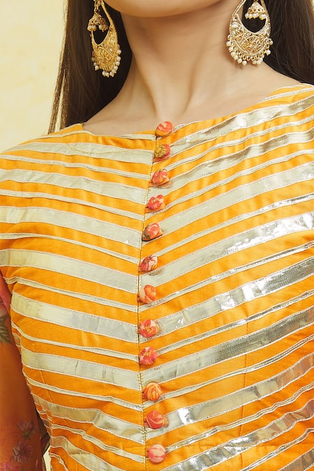 Buy_Samyukta Singhania_Yellow Organza Gota Patti Round Neck Striped Lehenga Set _Online_at_Aza_Fashions