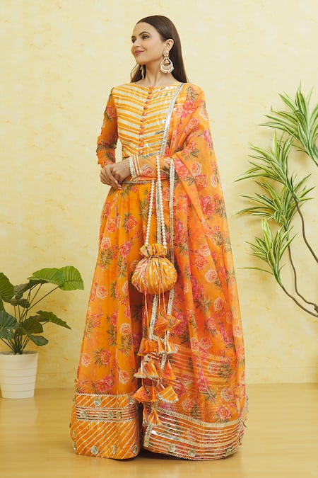 Shop_Samyukta Singhania_Yellow Organza Gota Patti Round Neck Striped Lehenga Set _Online_at_Aza_Fashions