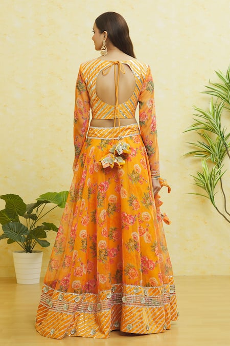 Shop_Samyukta Singhania_Yellow Organza Gota Patti Round Neck Striped Lehenga Set _at_Aza_Fashions