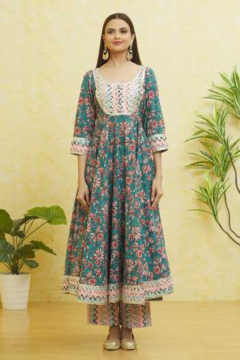 Khwaab By Sanjana Lakhani_Blue Cotton, Organza Embroidery, Gota Patti Round Neck Anarkali Pant Set _Online_at_Aza_Fashions