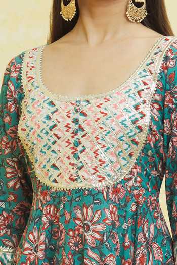 Buy_Khwaab By Sanjana Lakhani_Blue Cotton, Organza Embroidery, Gota Patti Round Neck Anarkali Pant Set _Online_at_Aza_Fashions