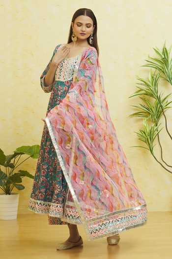 Khwaab By Sanjana Lakhani_Blue Cotton, Organza Embroidery, Gota Patti Round Neck Anarkali Pant Set _at_Aza_Fashions