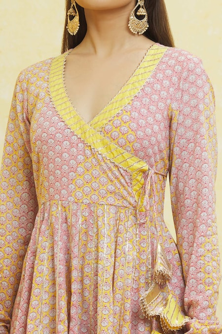 Shop_Samyukta Singhania_Yellow Cotton Tassels, Embroidery V-neck Gota Anarkali Pant Set _Online_at_Aza_Fashions