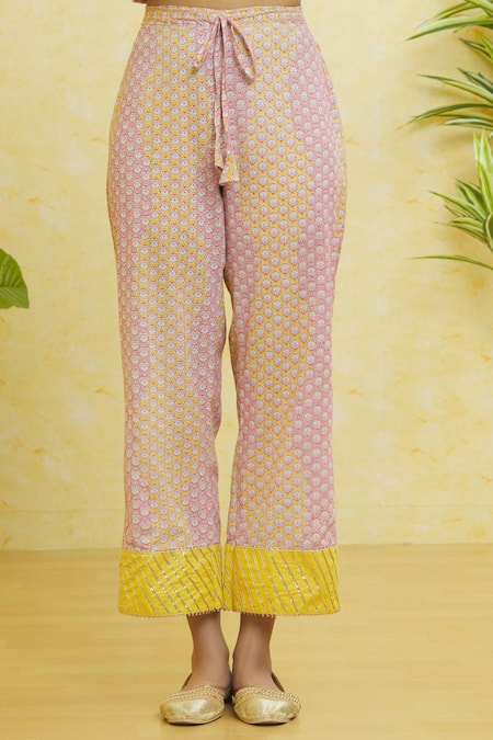 Samyukta Singhania_Yellow Cotton Tassels, Embroidery V-neck Gota Anarkali Pant Set _at_Aza_Fashions