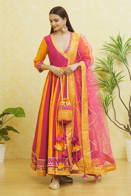 Samyukta Singhania Yellow Cotton Silk Embroidered Gota V Neck Panelled Anarkali Set 