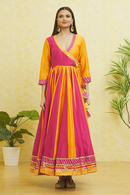 Samyukta Singhania_Yellow Cotton, Silk Gota Patti, Tassels Panelled Embroidered Anarkali Set _Online_at_Aza_Fashions