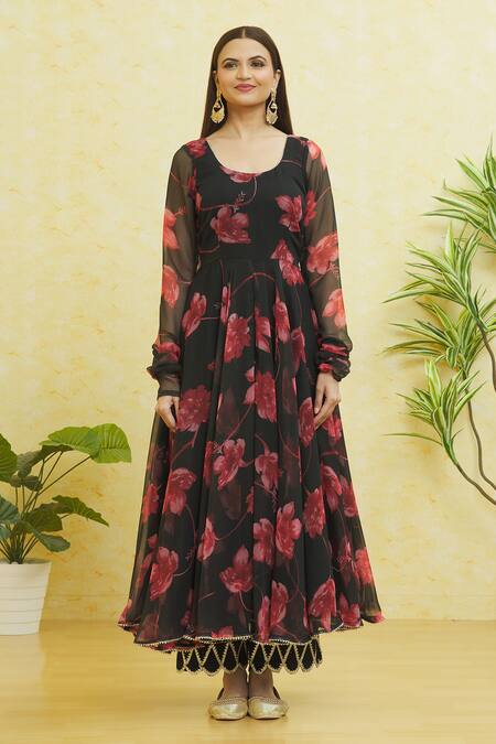 Samyukta Singhania_Black Georgette Embroidery Round Neck Floral Print Anarkali Pant Set _Online_at_Aza_Fashions