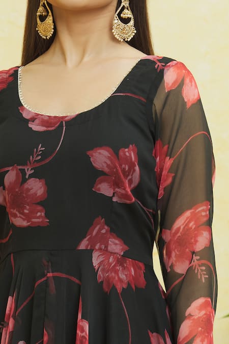 Buy_Samyukta Singhania_Black Georgette Embroidery Round Neck Floral Print Anarkali Pant Set _Online_at_Aza_Fashions