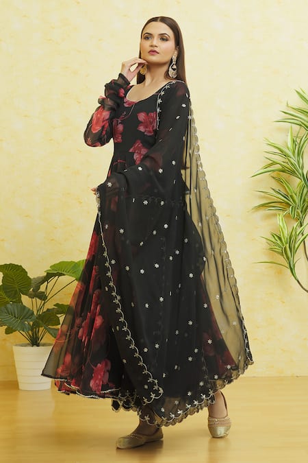 Buy_Samyukta Singhania_Black Georgette Embroidery Round Neck Floral Print Anarkali Pant Set 