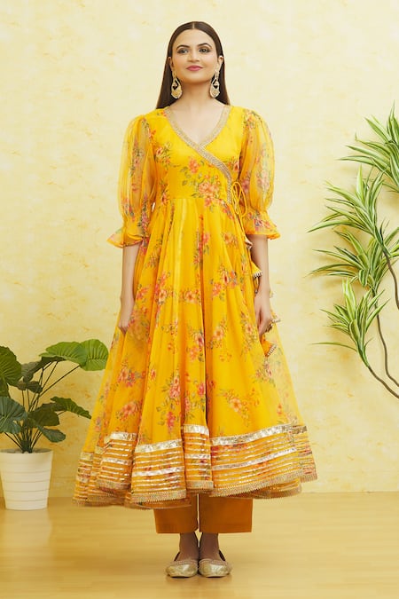 Buy_Samyukta Singhania_Yellow Organza Embroidery, Gota Patti V-neck Floral Print Anarkali Set _Online_at_Aza_Fashions