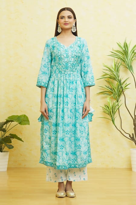Naintara Bajaj_Blue Cotton, Chiffon Embroidery, Gota Patti Floral Print Tassled Anarkali Set _Online_at_Aza_Fashions