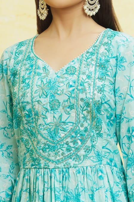 Buy_Naintara Bajaj_Blue Cotton, Chiffon Embroidery, Gota Patti Floral Print Tassled Anarkali Set _Online_at_Aza_Fashions