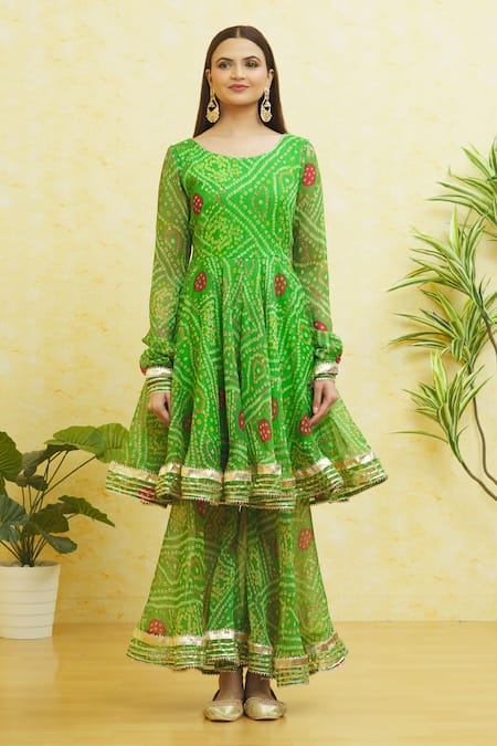 Naintara Bajaj_Green Chiffon Gota Patti Round Neck Bandhani Print Anarkali Sharara Set _Online_at_Aza_Fashions