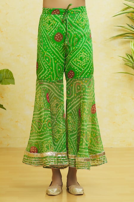 Shop_Naintara Bajaj_Green Chiffon Gota Patti Round Neck Bandhani Print Anarkali Sharara Set _Online_at_Aza_Fashions