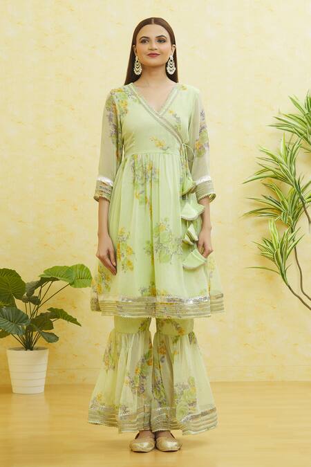 Buy_Samyukta Singhania_Green Georgette, Net Gota Patti Asymmetric Wrap-over Anarkali Sharara Set _Online_at_Aza_Fashions