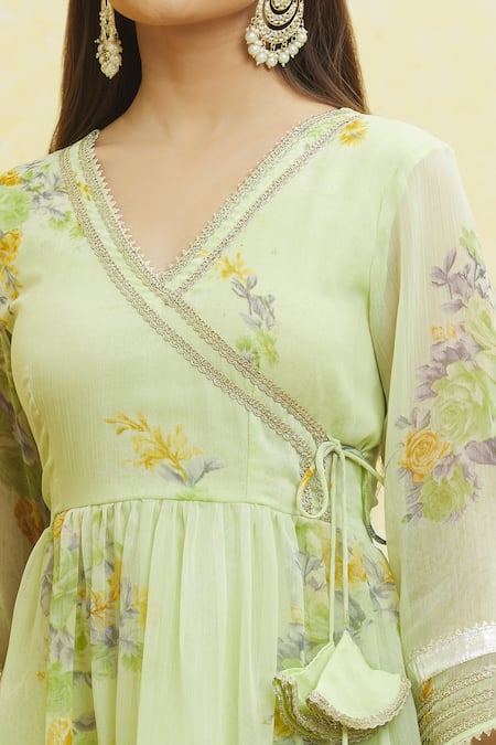 Shop_Samyukta Singhania_Green Georgette, Net Gota Patti Asymmetric Wrap-over Anarkali Sharara Set _Online_at_Aza_Fashions