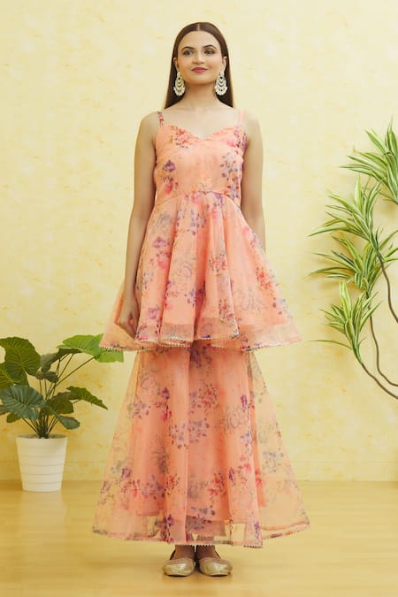 Buy_Samyukta Singhania_Pink Organza Embroidery Sweetheart Neck Floral Print Anarkali Sharara Set _Online_at_Aza_Fashions