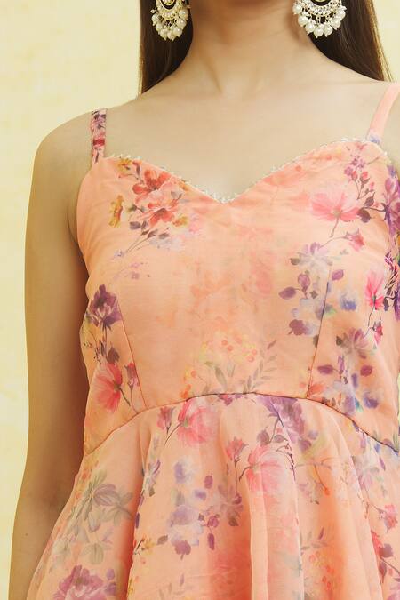 Shop_Samyukta Singhania_Pink Organza Embroidery Sweetheart Neck Floral Print Anarkali Sharara Set _Online_at_Aza_Fashions