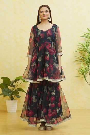 Samyukta Singhania Blue Organza Embroidery Asymmetric Gota Anarkali Sharara Set Online at Aza Fashions Samyukta Singhania_Blue Organza Embroidery Asymmetric Gota Anarkali Sharara Set _Online_at_Aza_Fashions