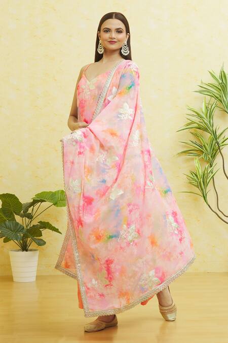 Shop_Adara Khan_Pink Georgette Embroidery, Zari V-neck Floral Kurta Pant Set _Online_at_Aza_Fashions