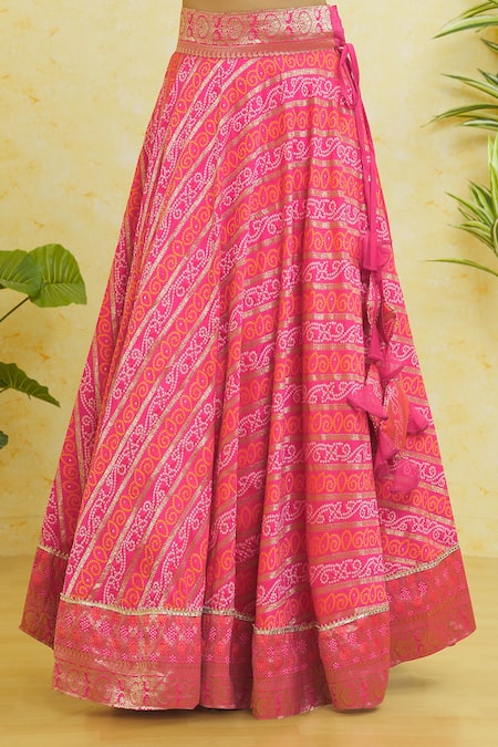 Buy_Samyukta Singhania_Pink Brocade, Silk Lace Boat Neck Bandhani Print Lehenga Set _Online_at_Aza_Fashions
