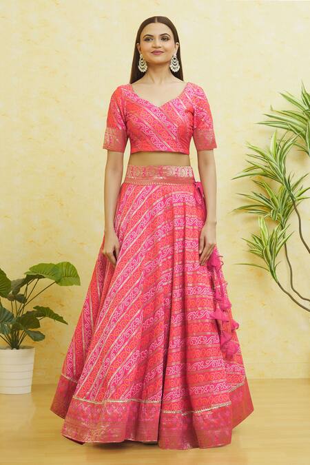 Shop_Samyukta Singhania_Pink Brocade, Silk Lace Boat Neck Bandhani Print Lehenga Set _Online_at_Aza_Fashions
