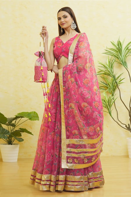 Buy Pink Organza Embroidered Gota Leaf Neck Floral Print Lehenga Set ...