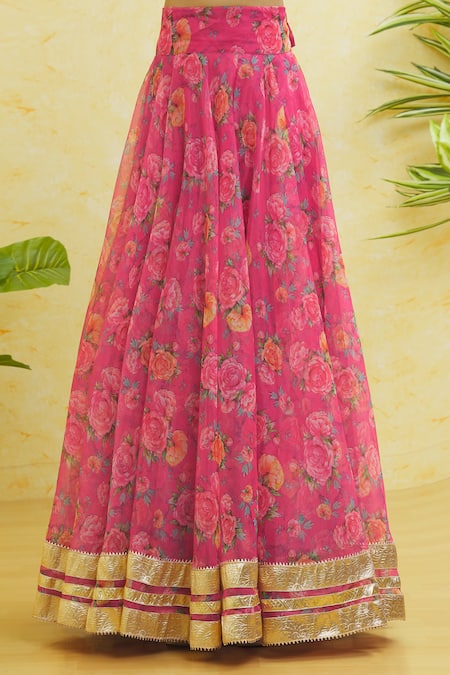 Naintara Bajaj_Pink Organza Gota Patti Floral Print Lehenga Set _Online_at_Aza_Fashions