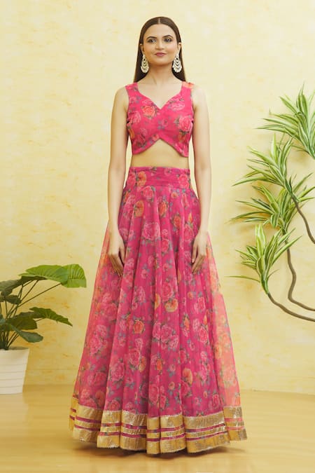 Buy_Naintara Bajaj_Pink Organza Gota Patti Floral Print Lehenga Set _Online_at_Aza_Fashions