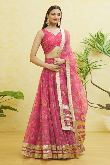Shop_Naintara Bajaj_Pink Organza Gota Patti Floral Print Lehenga Set _Online_at_Aza_Fashions