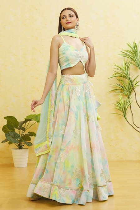 Shop_Samyukta Singhania_Multi Color Georgette Gota Patti Asymmetric Work Lehenga Set _Online_at_Aza_Fashions