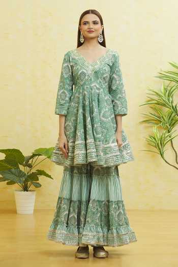 Samyukta Singhania_Green Cotton Gota Patti Scoop Neck Mughal Print Anarkali Sharara Set _Online_at_Aza_Fashions