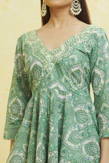 Buy_Samyukta Singhania_Green Cotton Gota Patti Scoop Neck Mughal Print Anarkali Sharara Set _Online_at_Aza_Fashions