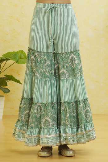 Shop_Samyukta Singhania_Green Cotton Gota Patti Scoop Neck Mughal Print Anarkali Sharara Set _Online_at_Aza_Fashions